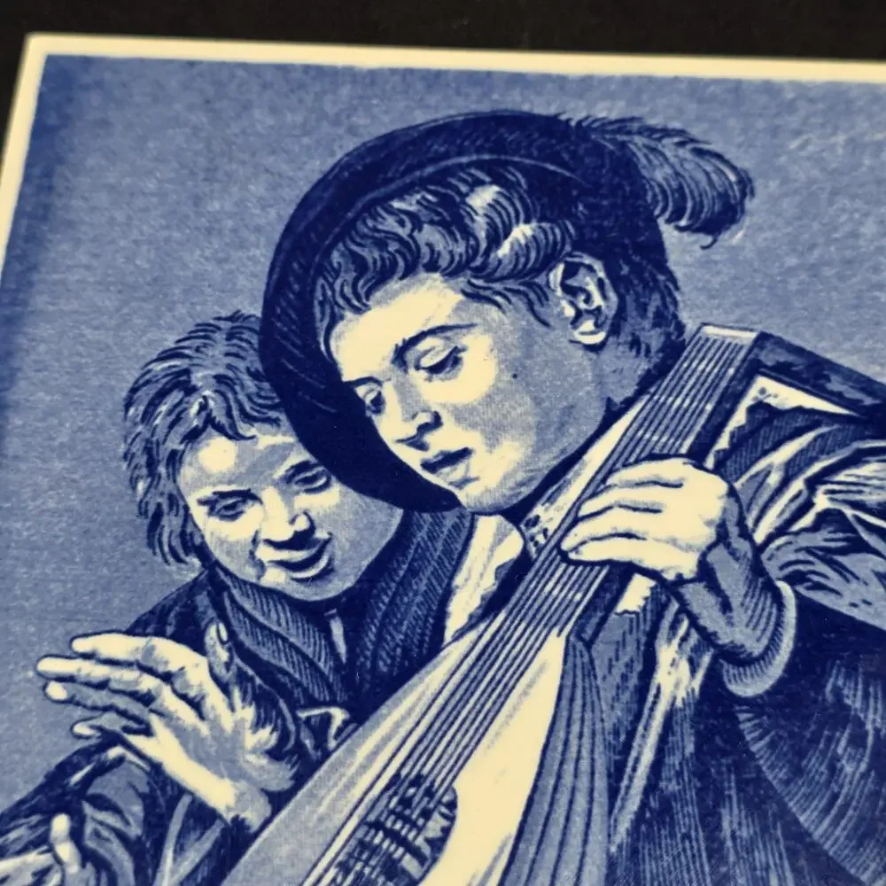 Vintage B. Delft Handmade Holland Tile Frans Hals Singing Lads Blue White Art